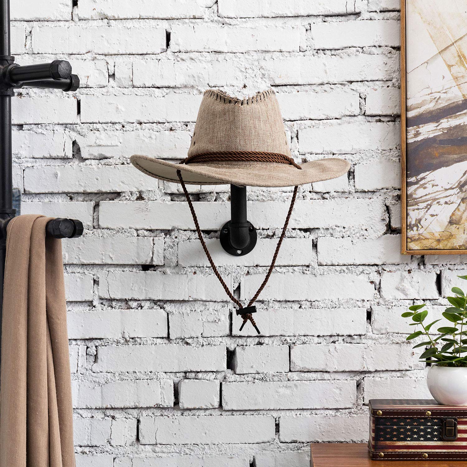 MyGift Set of 3 Wall Mounted Hat Rack Holder with Realistic Black Metal Pipe and Brown Wood, Hanging Entryway Hat Hooks and Wig